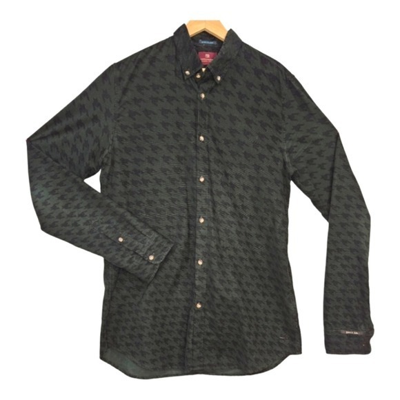 Scotch & Soda Mens Corduroy Shirt Button Down‎ Houndstooth Preppy Black Olive XL - Picture 3 of 15
